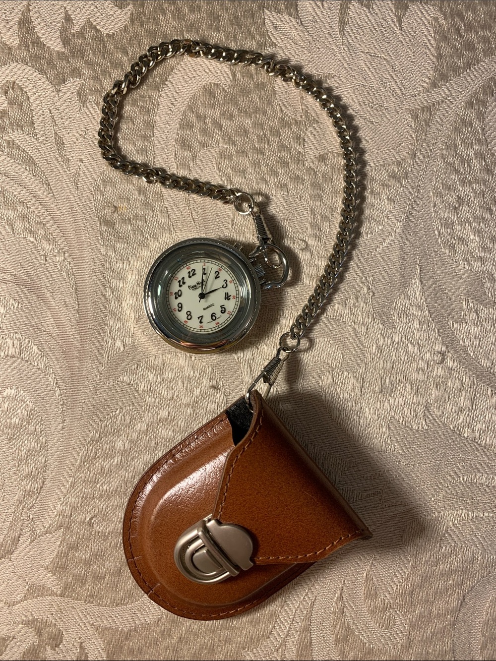 Brown Leather Pocket Watch Pouch with Silver Chain